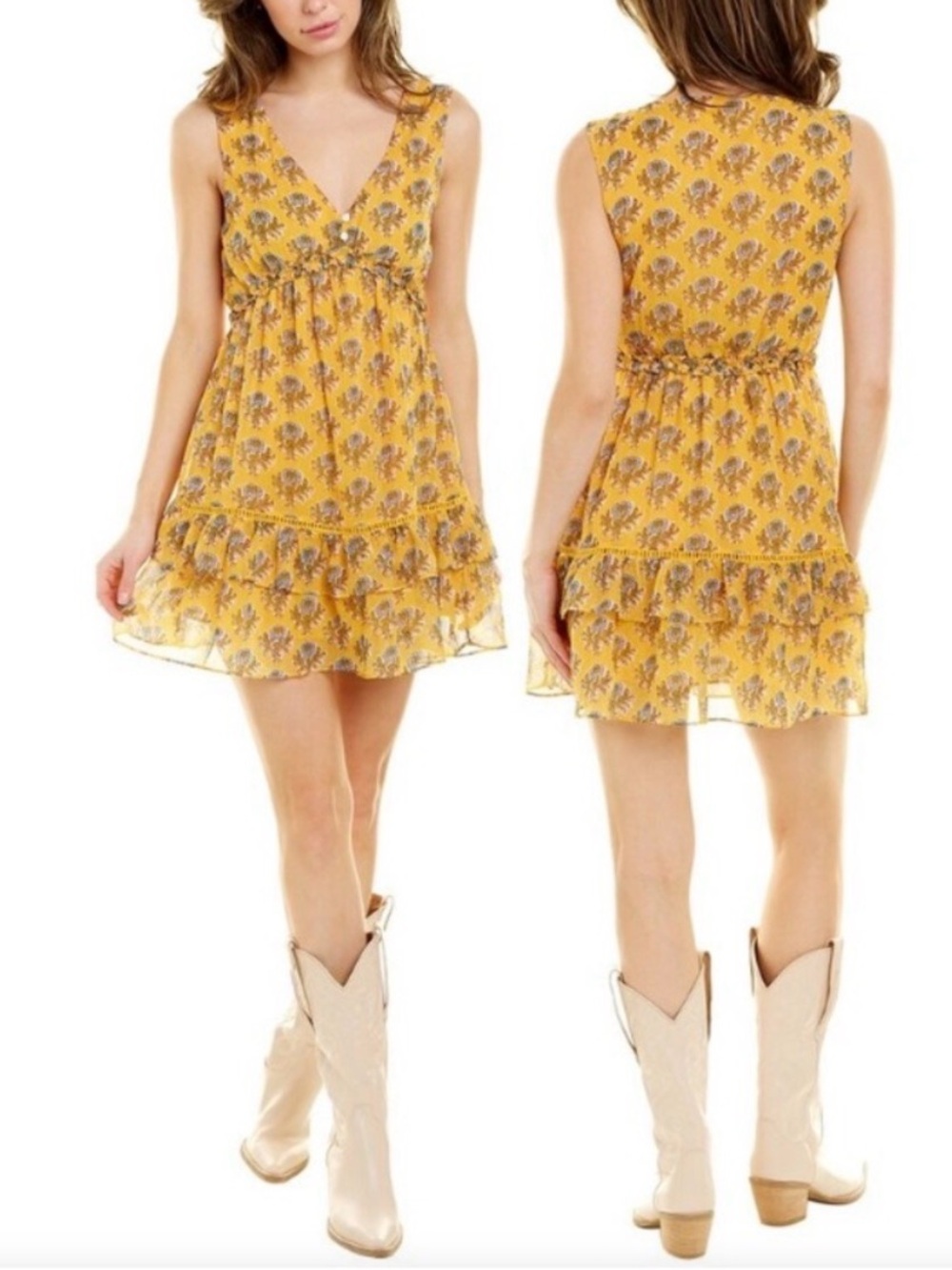 Boho Celina Moon Marigold Floral Print Ruffled Babydoll Dress